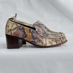 Jeffrey Campbell Mustrd Brown Snake Embossed Print Heel Leather Loafers Sz 6.5